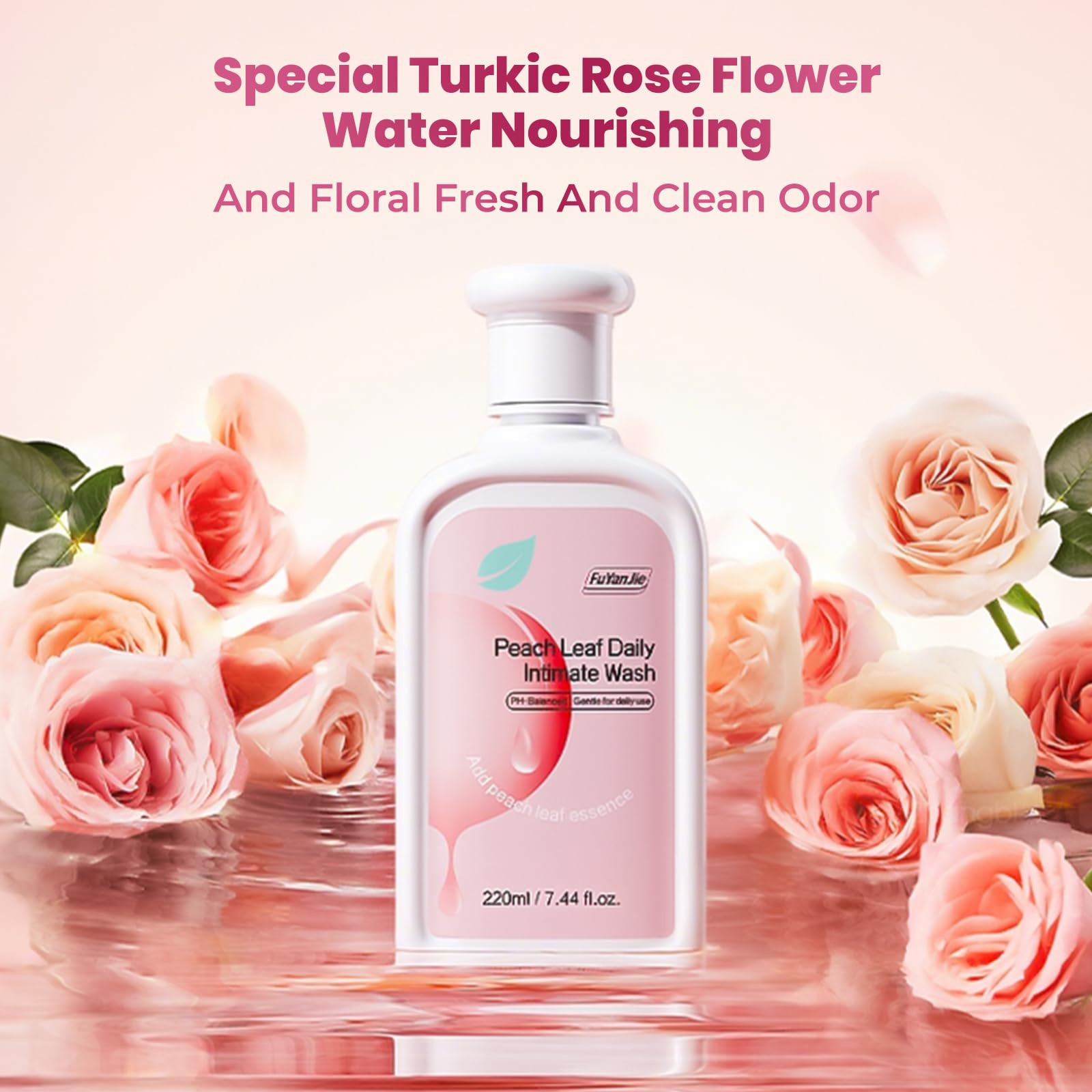 Fu Yan Jie Peach Leaf feminine wash for sensitive skin supports daily hygiene.