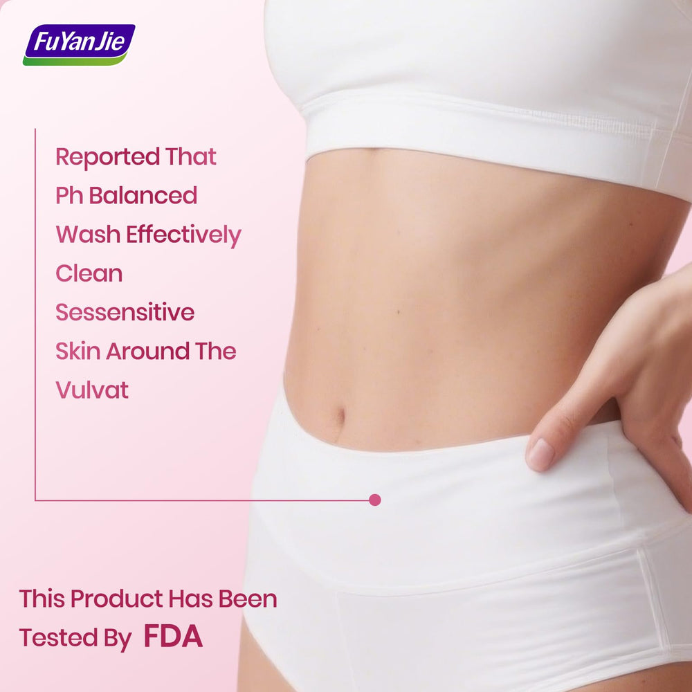 Fu Yan Jie Peach Leaf feminine wash includes hyaluronic acid for gentle hydration.