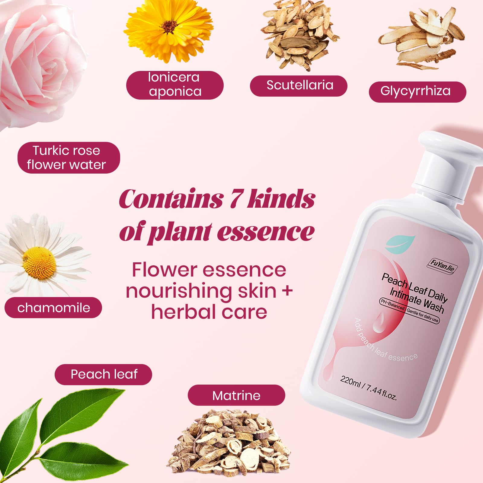 Fu Yan Jie Peach Leaf feminine wash ingredients close-up feature peach leaf extract and licorice root.