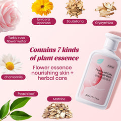 Fu Yan Jie Peach Leaf feminine wash ingredients close-up feature peach leaf extract and licorice root.