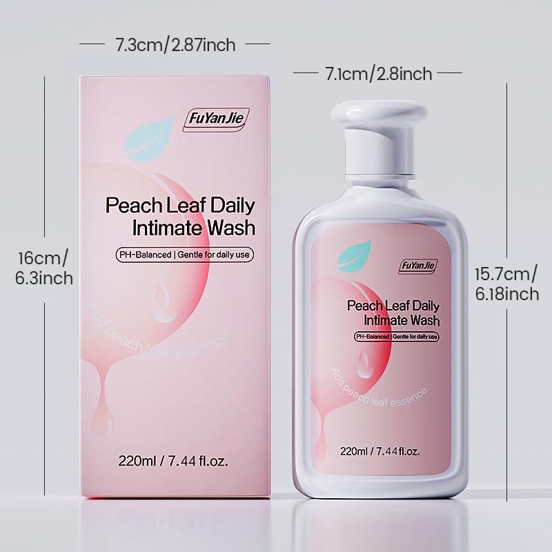Fu Yan Jie Peach Leaf wash packaging shows a convenient 220ml bottle.