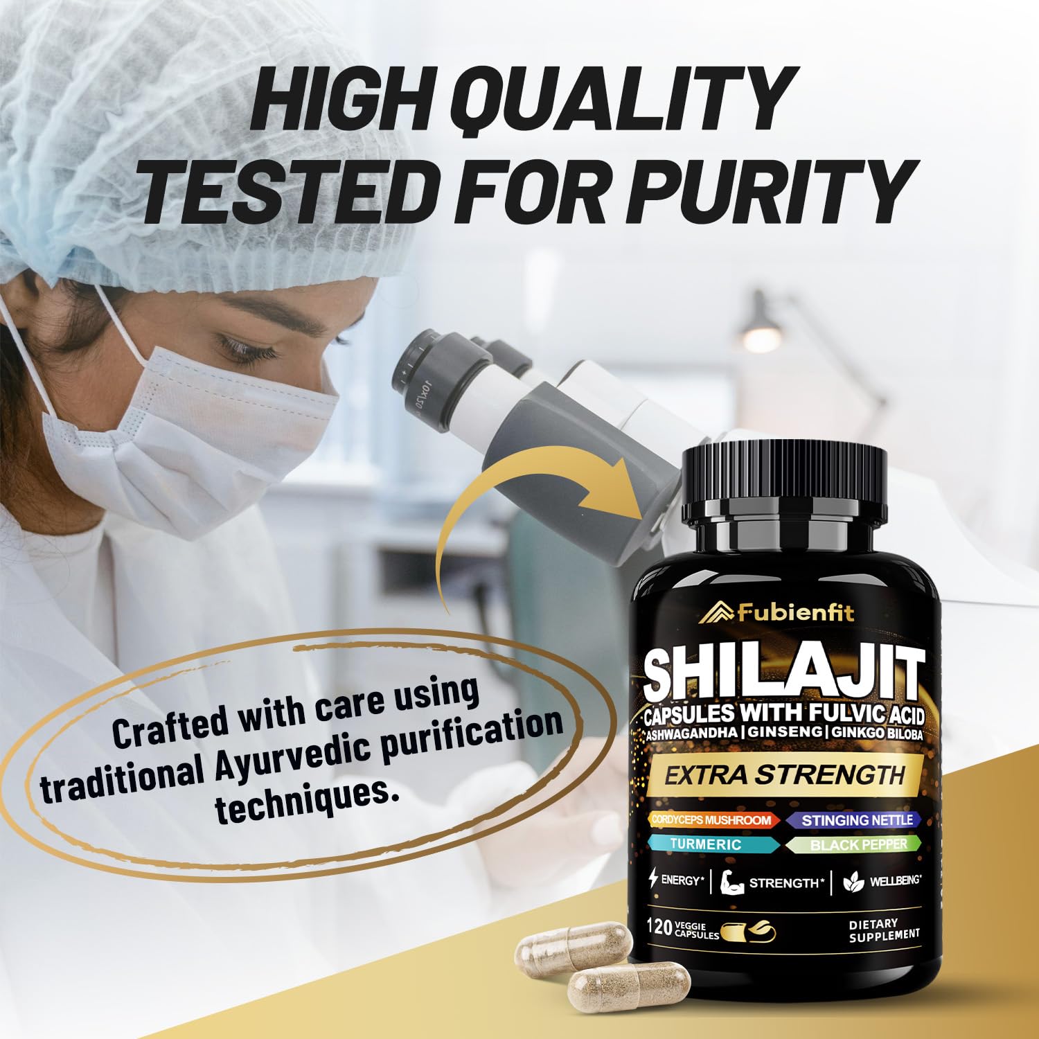 Gluten-free and non-GMO Shilajit capsules packaging