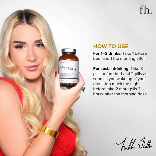 Close-up of Fuller Health After Party DHM bottle and capsules