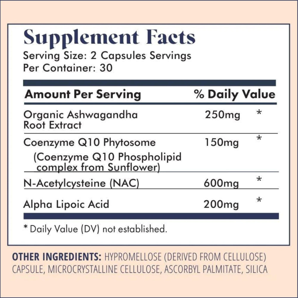 Label close-up highlighting Ashwagandha, NAC, and CoQ10