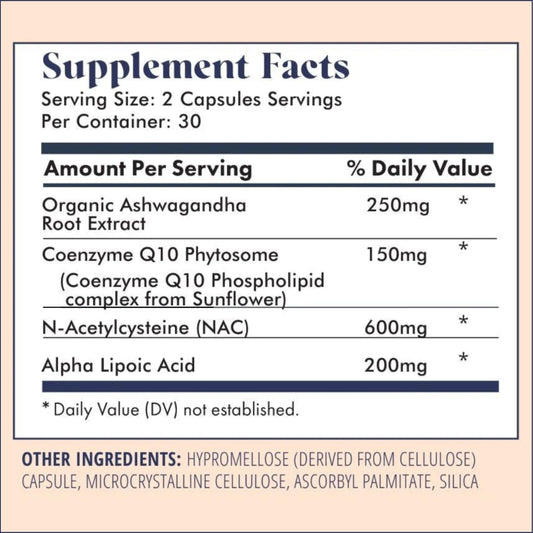 Label close-up highlighting Ashwagandha, NAC, and CoQ10