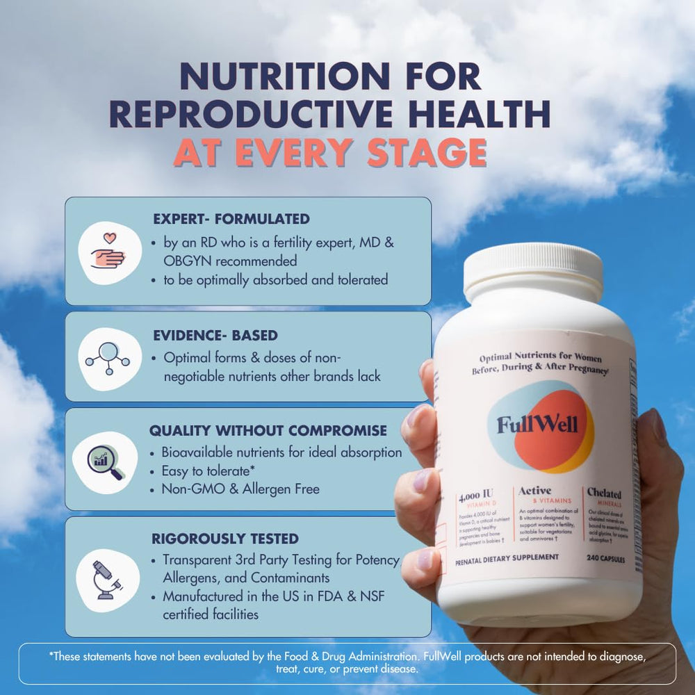 Close-up of FullWell Prenatal label shows folate and choline for development.