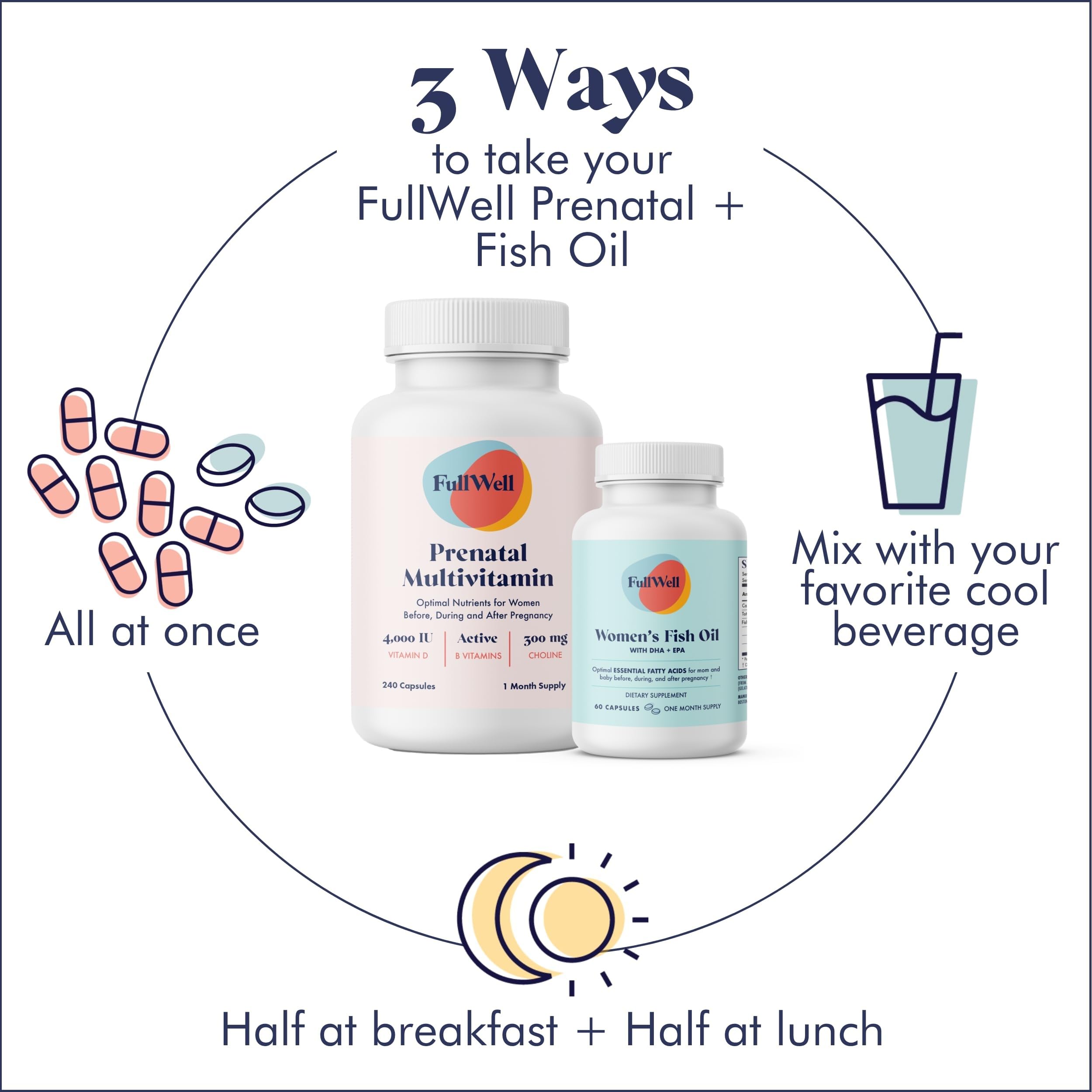 Healthy pregnancy nutrition concept with vitamins and fish oil