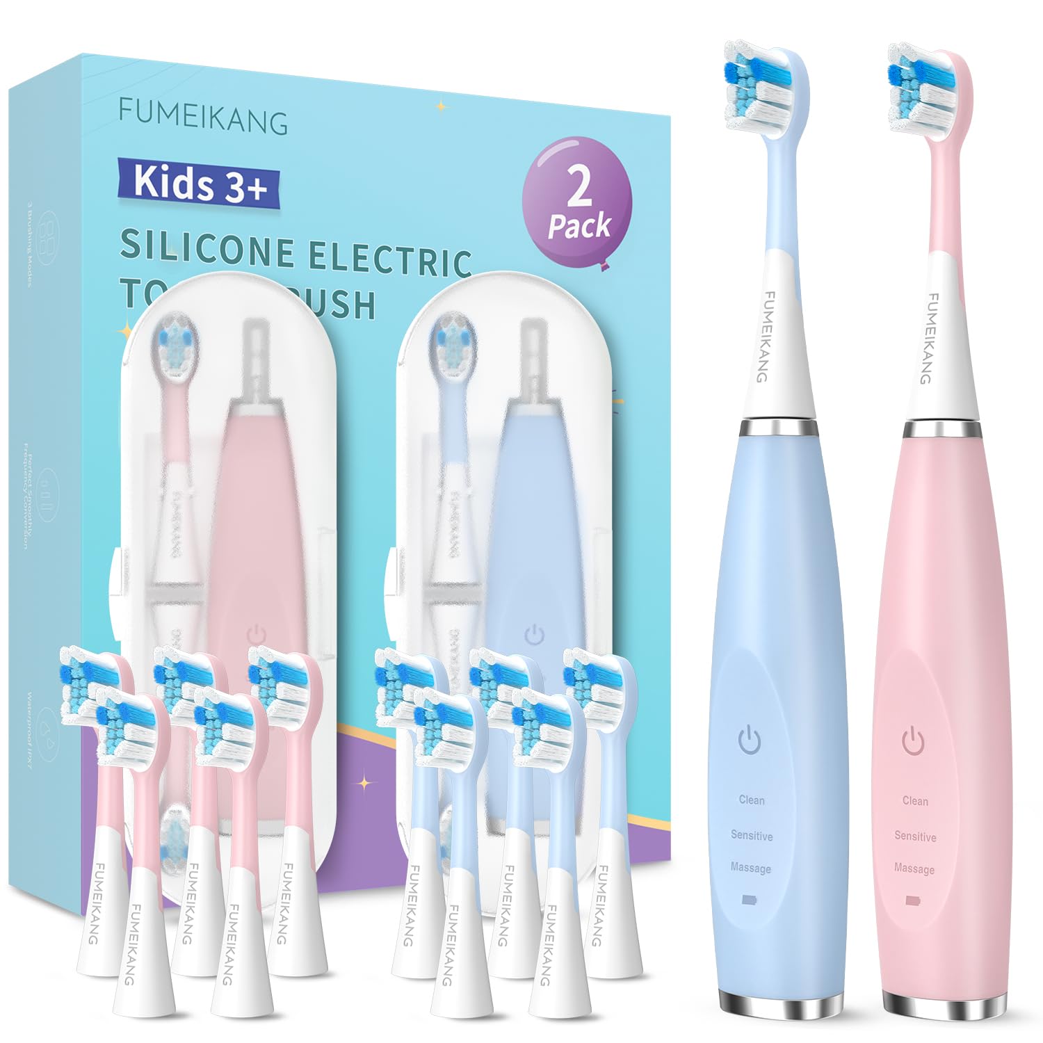 FUMEIKANG Kids Electric Toothbrushes 2 Pack in blue and pink front view