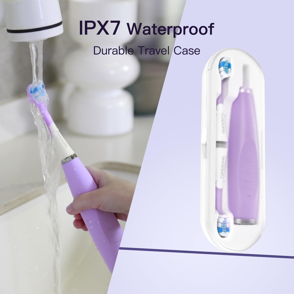 Close-up of silicone wrapped soft brush head on purple toothbrush