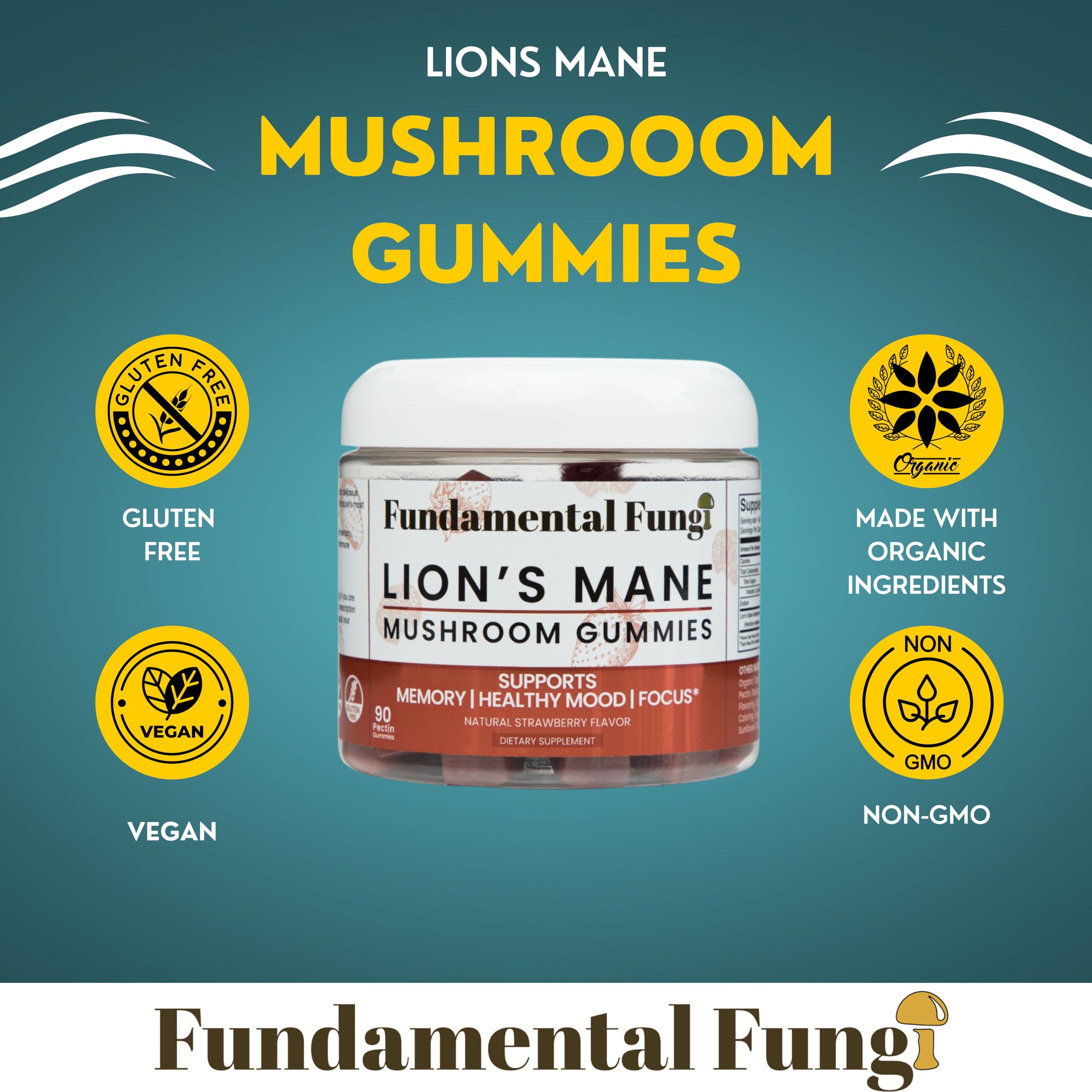 Close-up of product label on Fundamental Fungi Lion's Mane Gummies