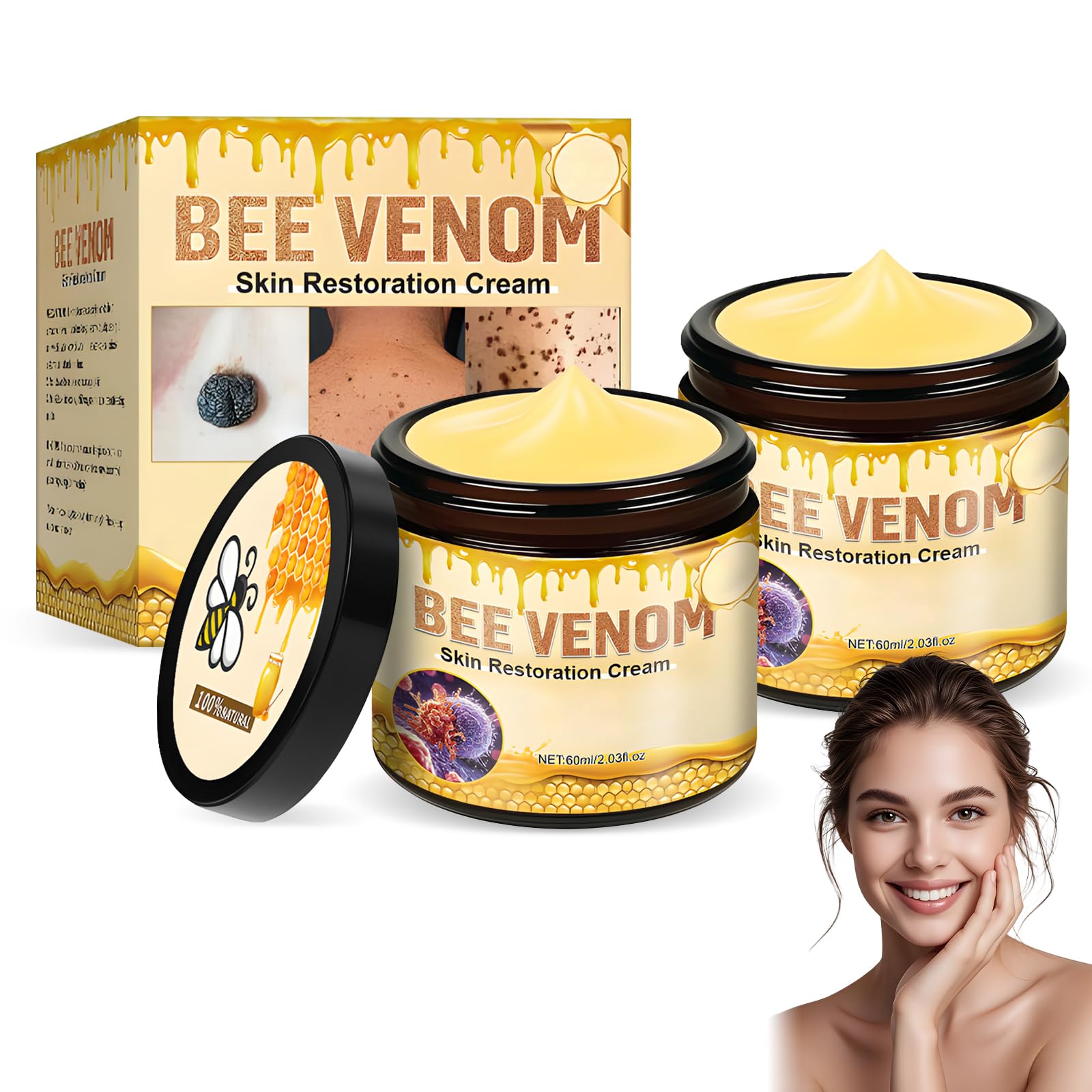Funfunman bee venom skin cream 2pcs pack highlights firming and hydration benefits.