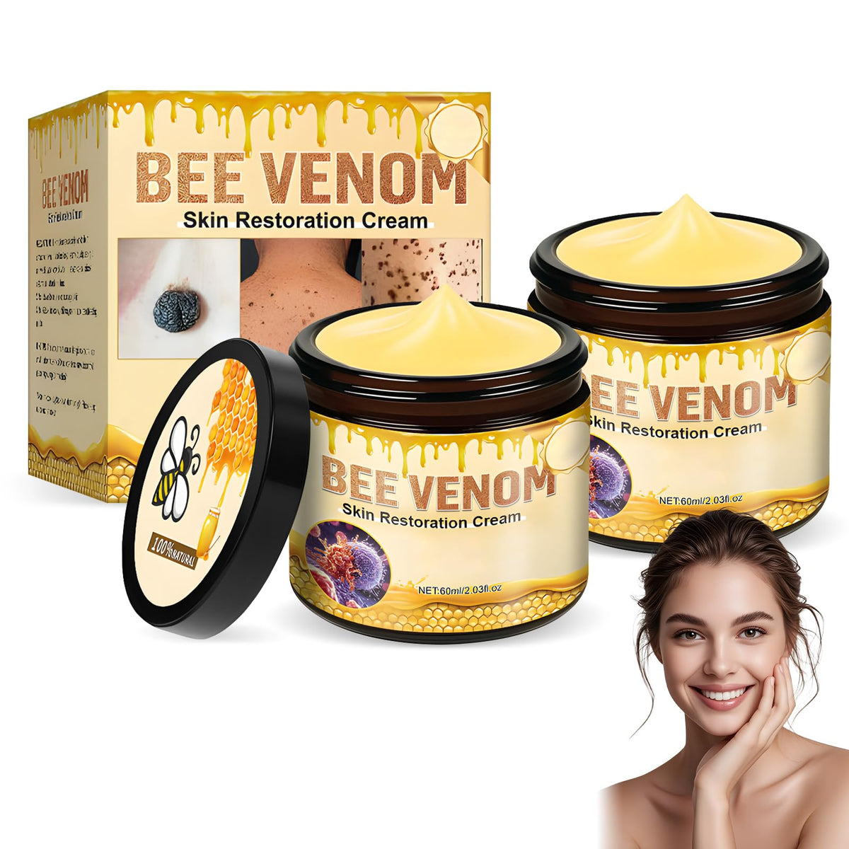 Funfunman bee venom skin cream 2pcs pack highlights firming and hydration benefits.