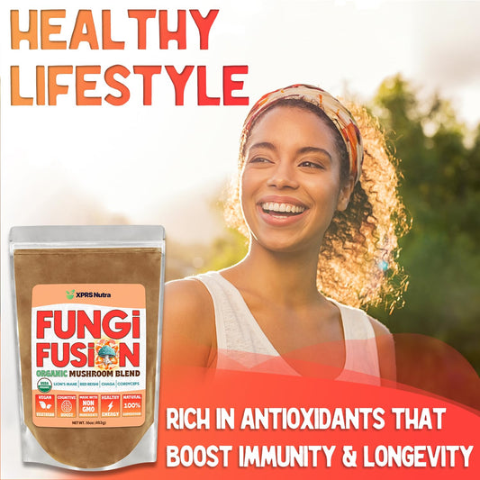 Close-up of Fungi Fusion mushroom powders: Lion's Mane, Red Reishi, Chaga, Cordyceps