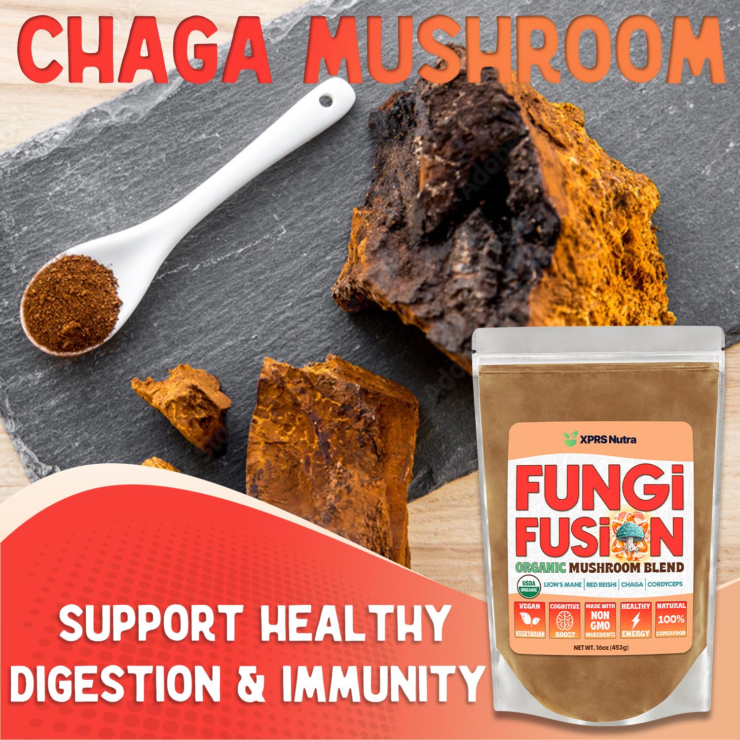 Mixed mushroom powders ready to blend with supplements