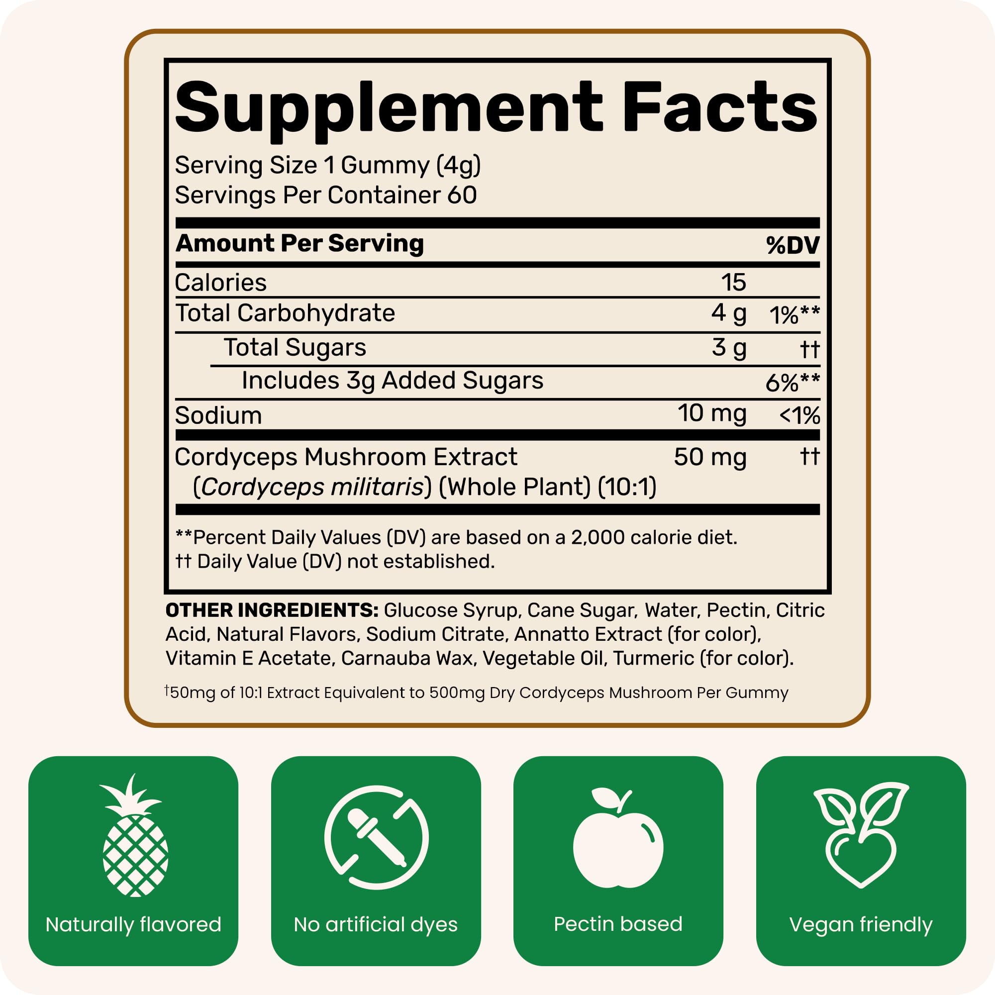 Close up of Fungies Cordyceps energy gummies showing mango pineapple color
