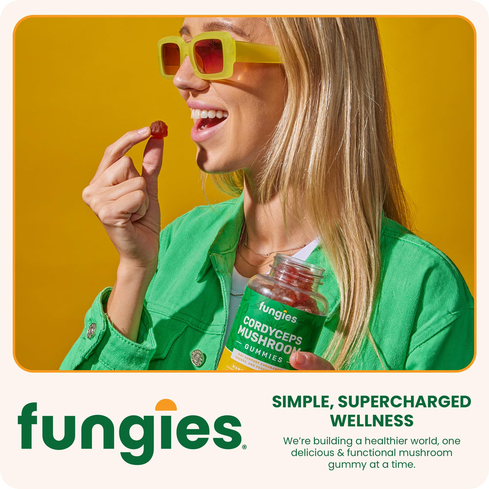 Active adult taking Fungies Cordyceps gummy before a workout