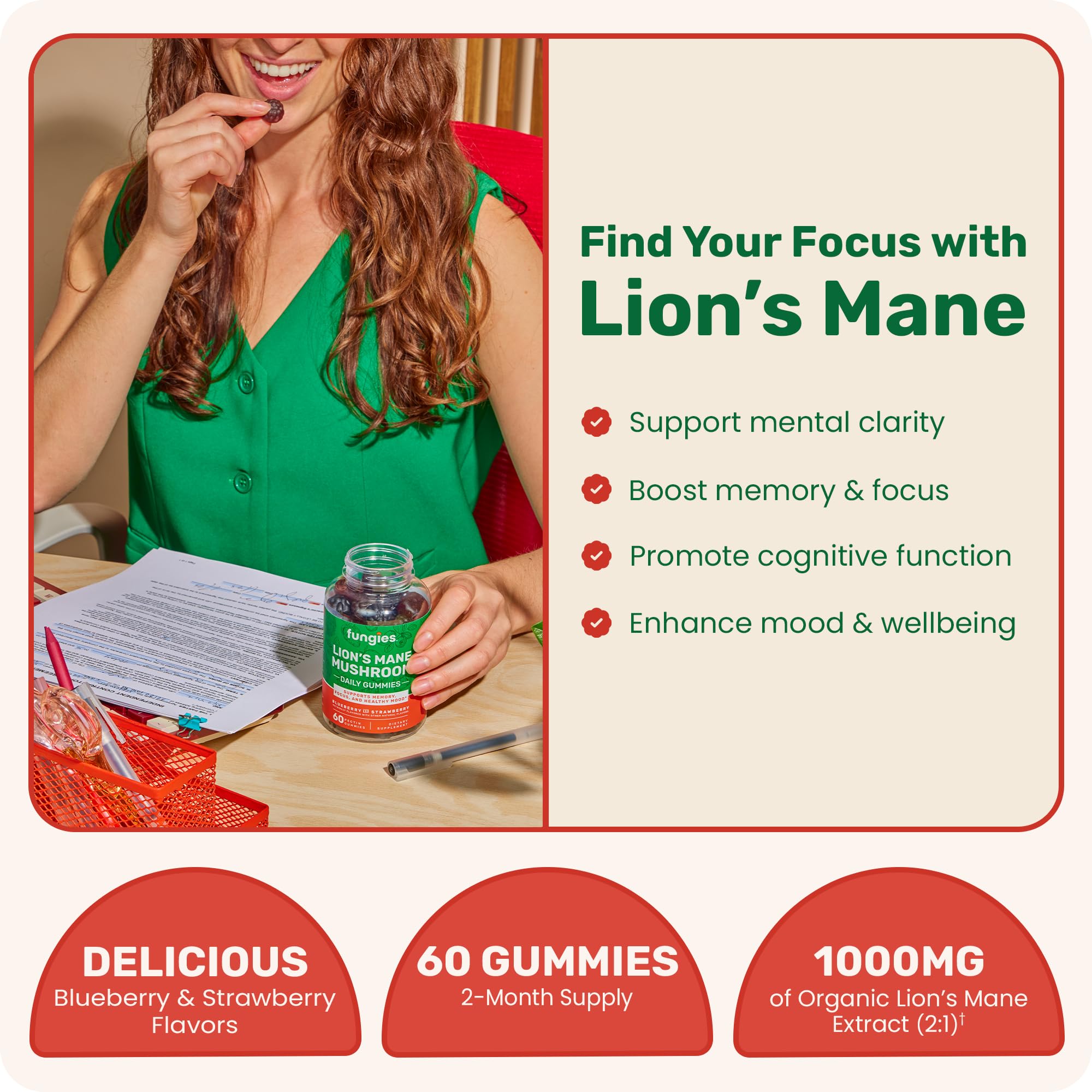 60-count bottle of Fungies Lion's Mane Gummies