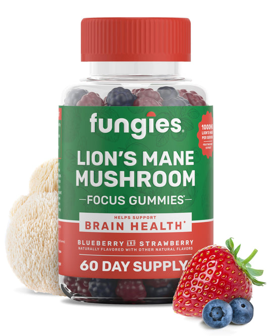 Close up of Fungies Lion's Mane Gummies Blueberry Strawberry flavor