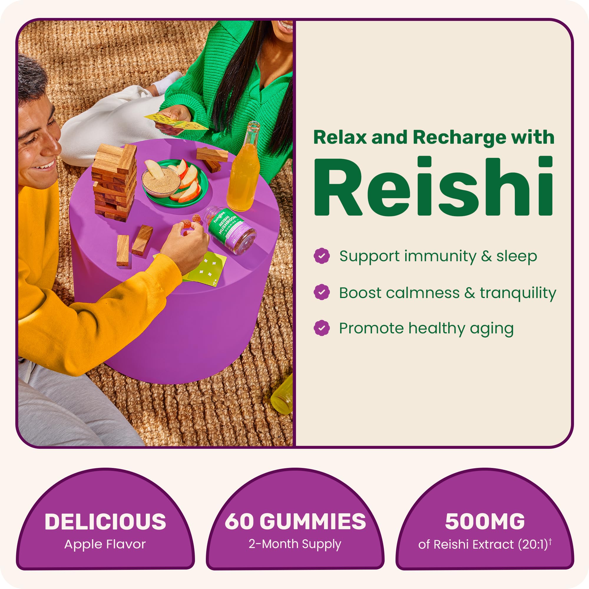 Bottle back view of Fungies Reishi Mushroom Gummies Apple flavor