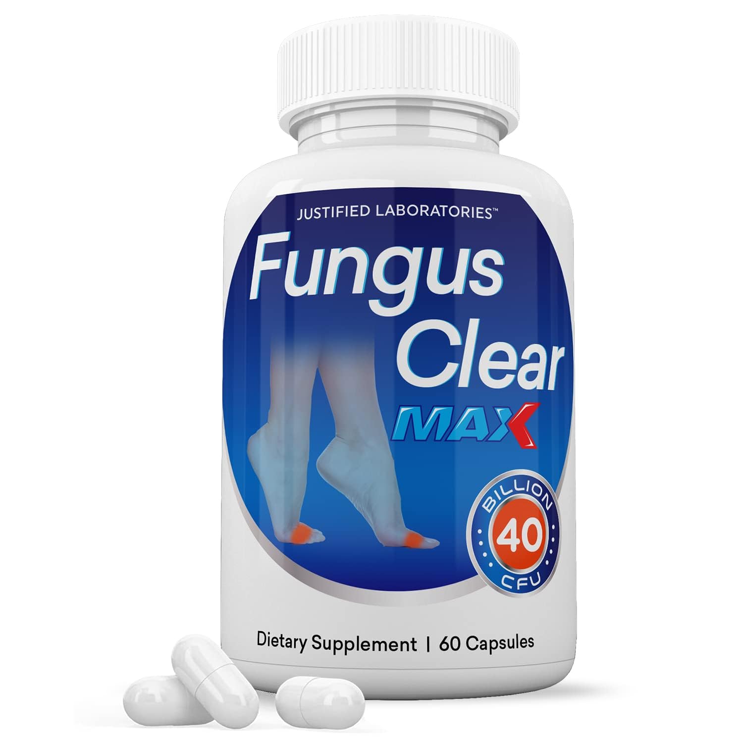 Justified Laboratories Fungus Clear Max Pills bottle showing 40 Billion CFU probiotic