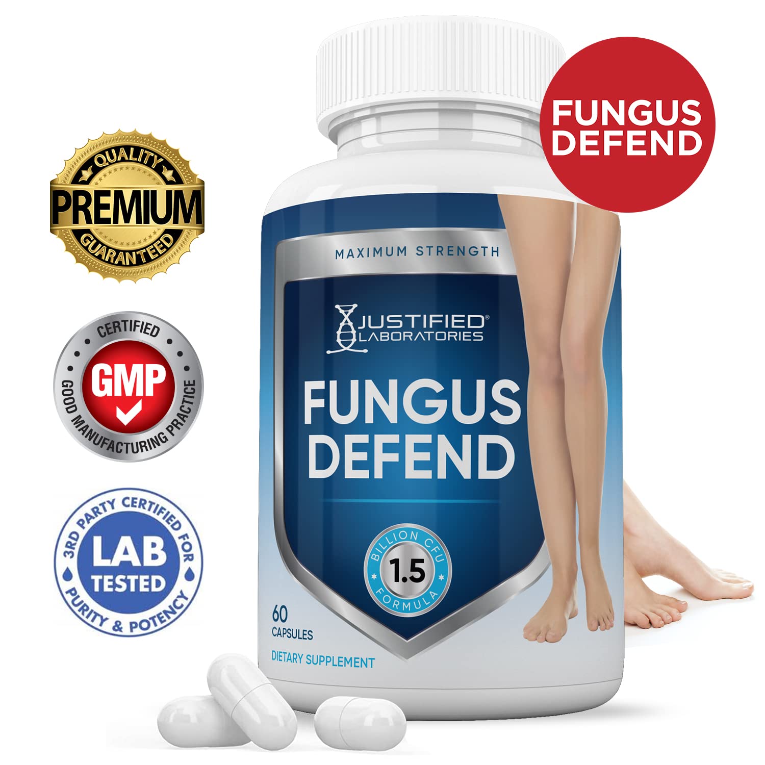 Close-up of Fungus Defend Probiotic bottle label showing 1.5B CFU per capsule