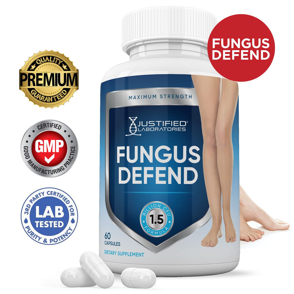 Close-up of Fungus Defend Probiotic bottle label showing 1.5B CFU per capsule