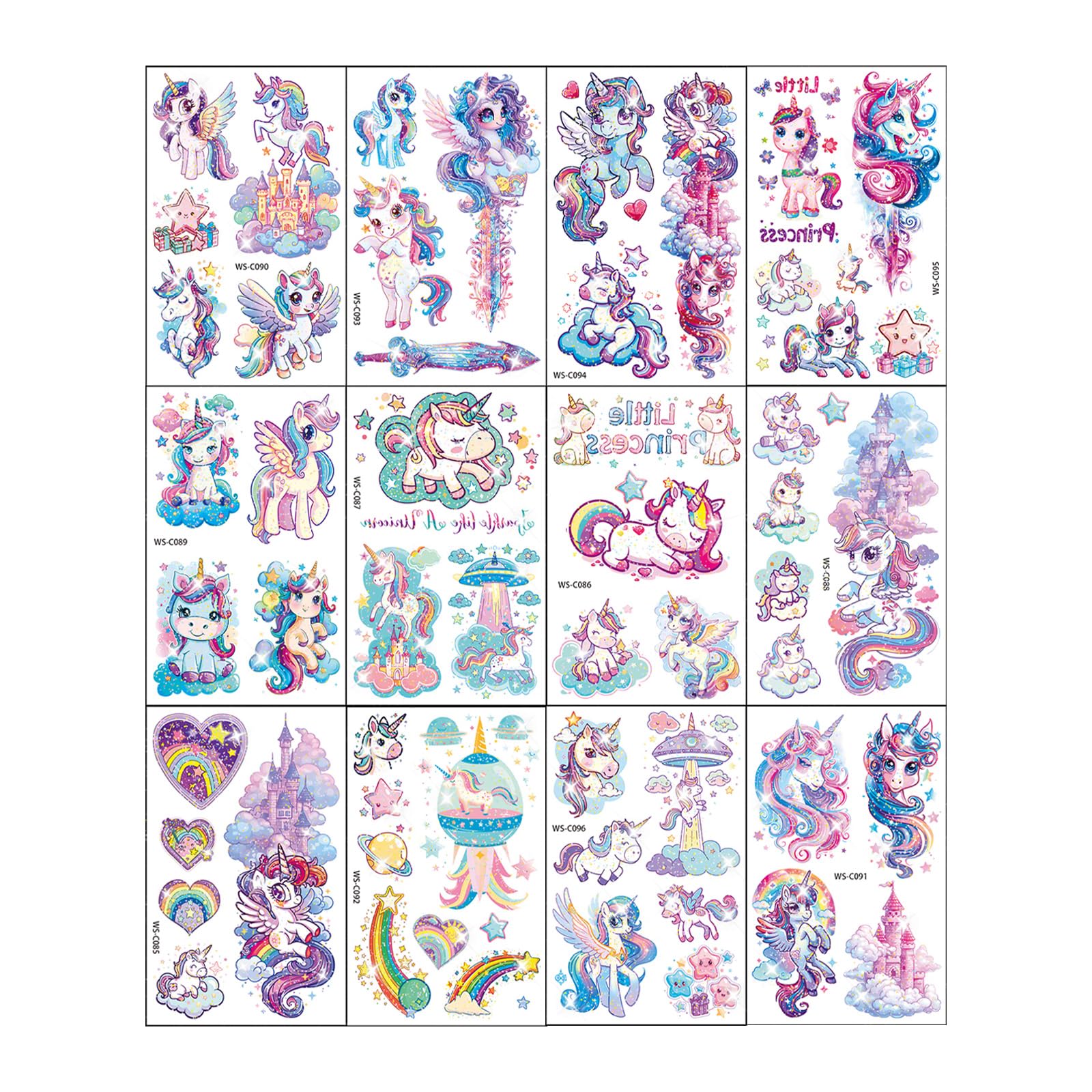 FUNTATTOO glitter unicorn tattoos sheets show bright unicorn designs for festive party looks.