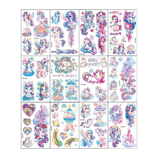 FUNTATTOO glitter unicorn tattoos sheets show bright unicorn designs for festive party looks.