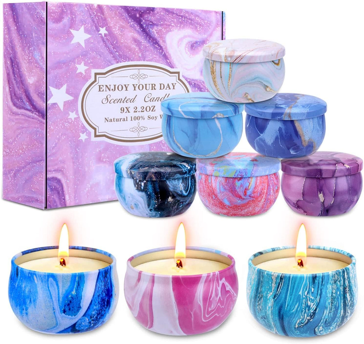 Furnizone 9-pack aromatherapy soy candles gift set in decorative box with marble-pattern lids