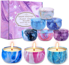 Furnizone 9-pack aromatherapy soy candles gift set in decorative box with marble-pattern lids
