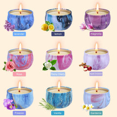 Lavender scented soy candle in a marble-pattern container