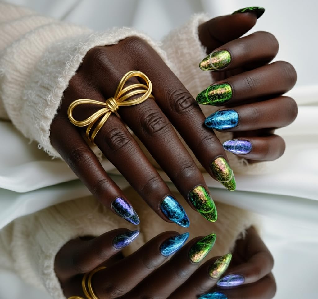 FURNUNUBI almond nails with French tip and multicolor foil for chic look