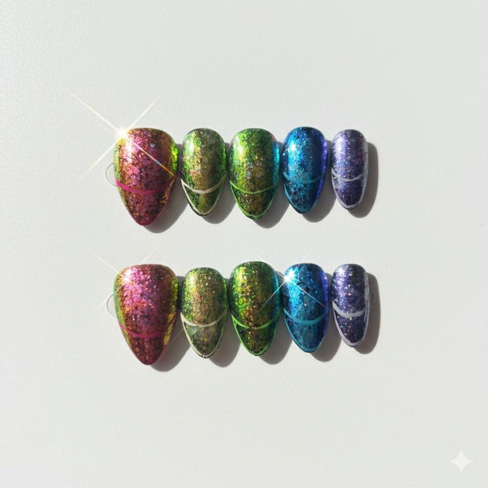 FURNUNUBI handmade almond press-on nails with foil paillette for chic French-tip look