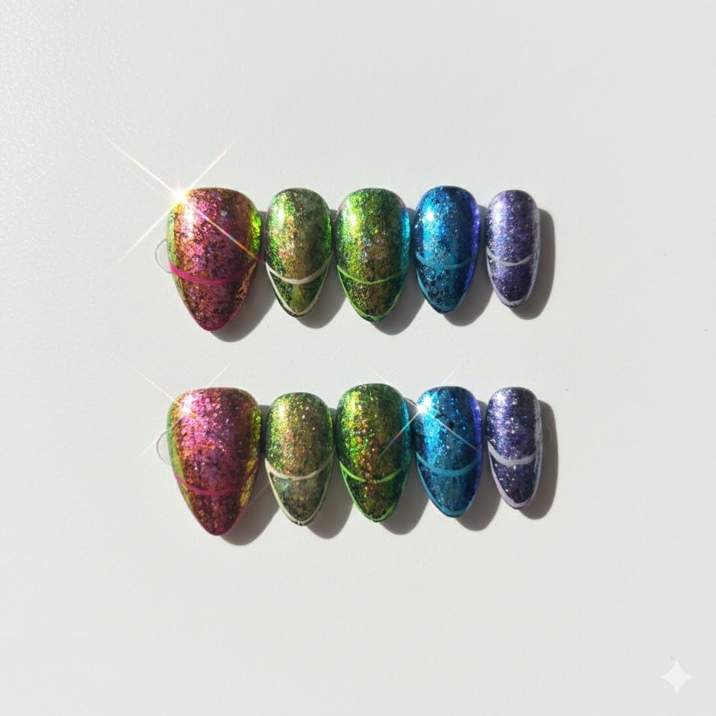 FURNUNUBI handmade almond press-on nails with metallic foil paillette design for instant style