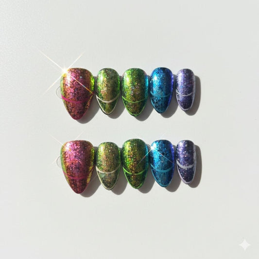 FURNUNUBI handmade almond press-on nails with metallic foil paillette design for instant style