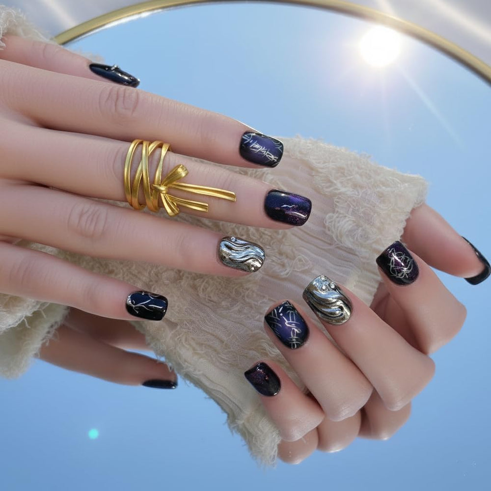 FURNUNUBI handmade short square nails with black and silver chrome cat-eye for evening glamour.