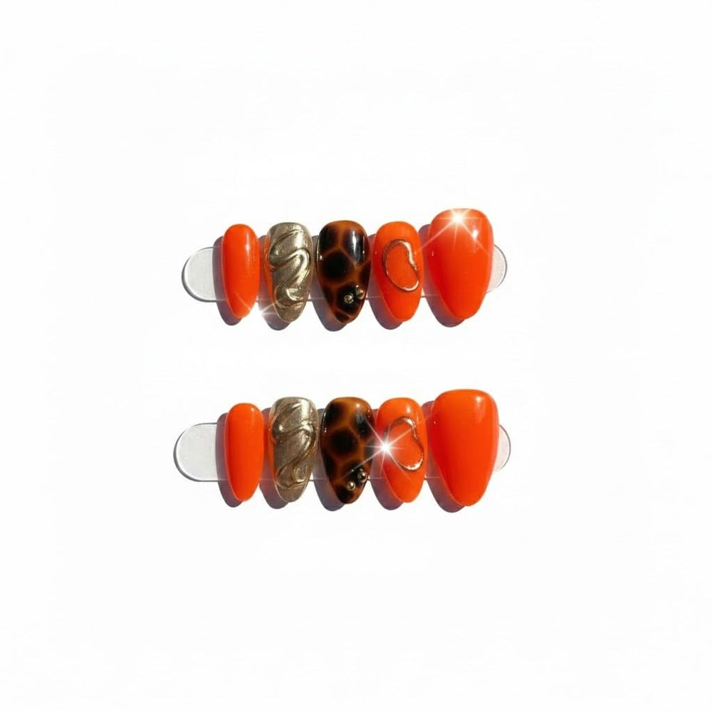 FURNUNUBI neon orange almond nails with bold leopard accents for party-ready style