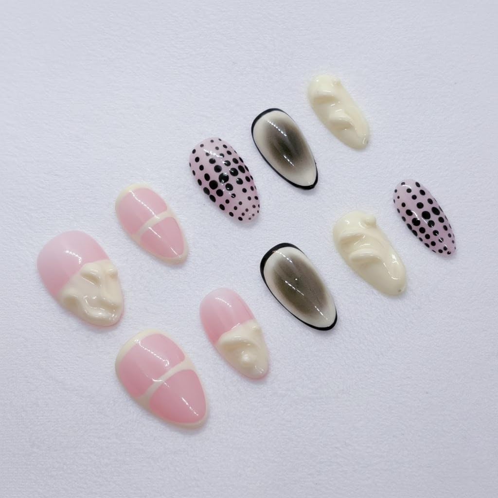 FURNUNUBI short almond nails in milky white with black polka dots for chic everyday wear