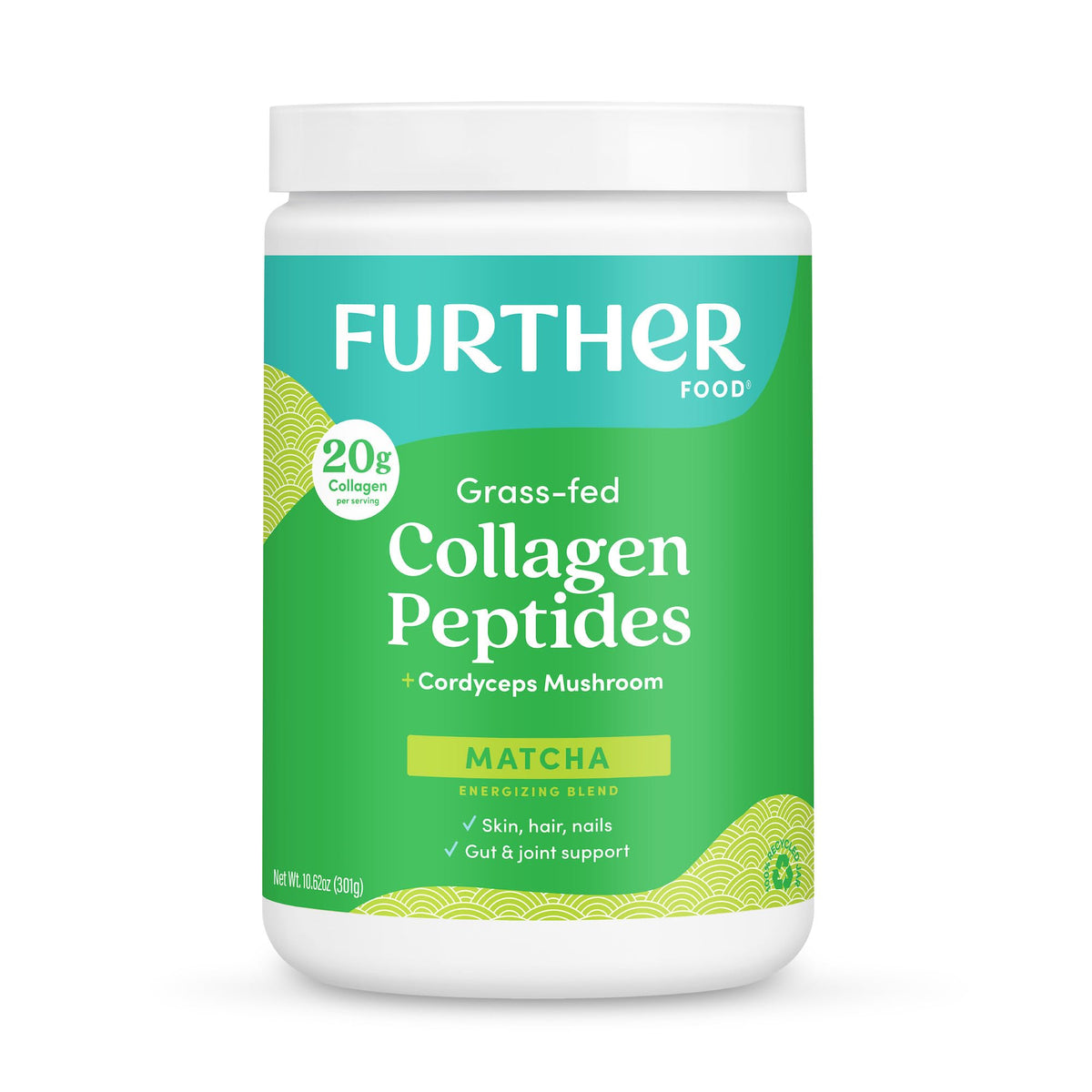 Jar labeled Further Food Matcha Collagen Peptides Powder on a white background
