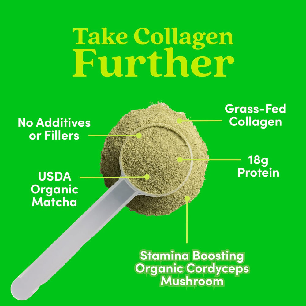 Ingredients include organic matcha, cordyceps, and collagen peptides
