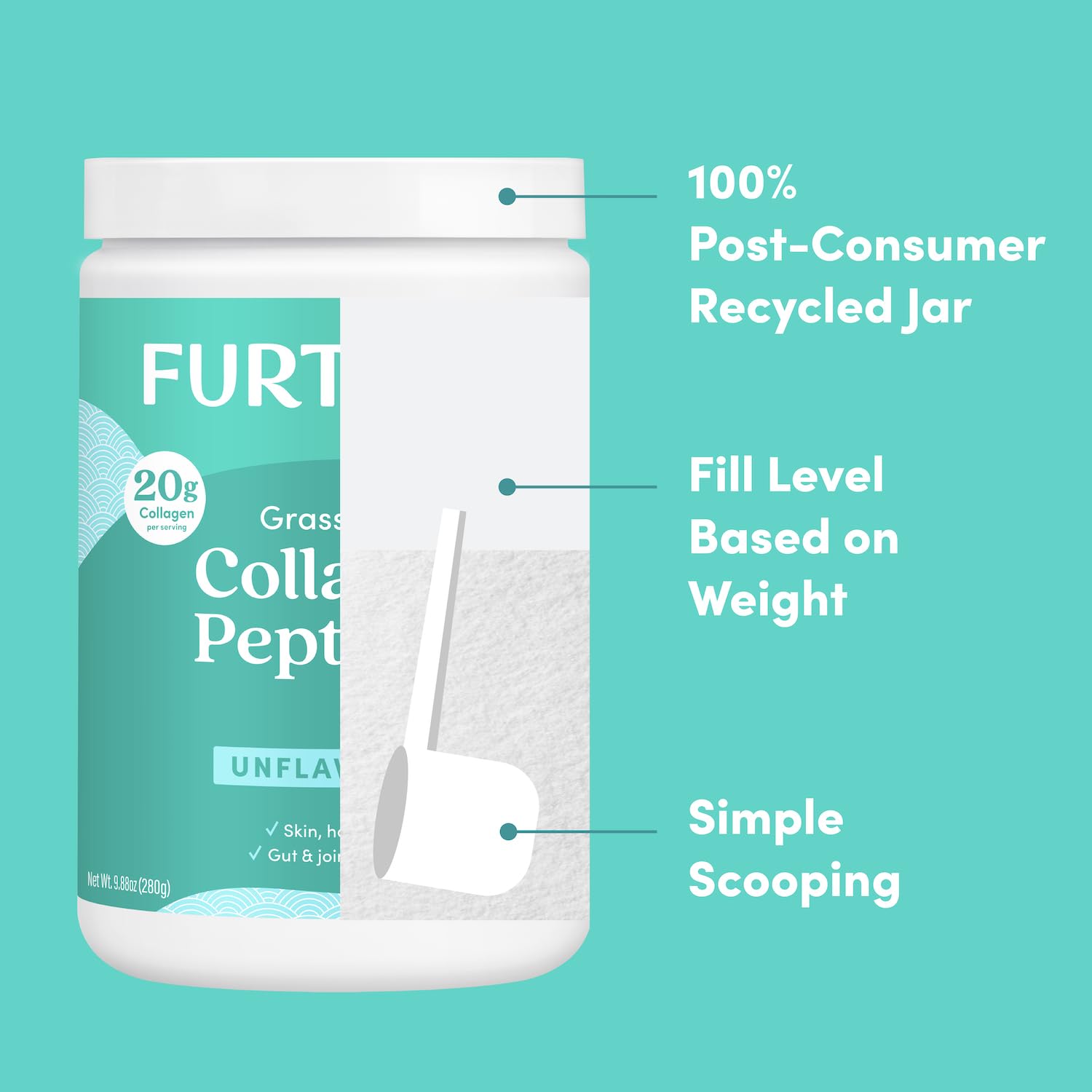 Further Food collagen kitchen counter setup highlights clean, GMO-free nutrition.