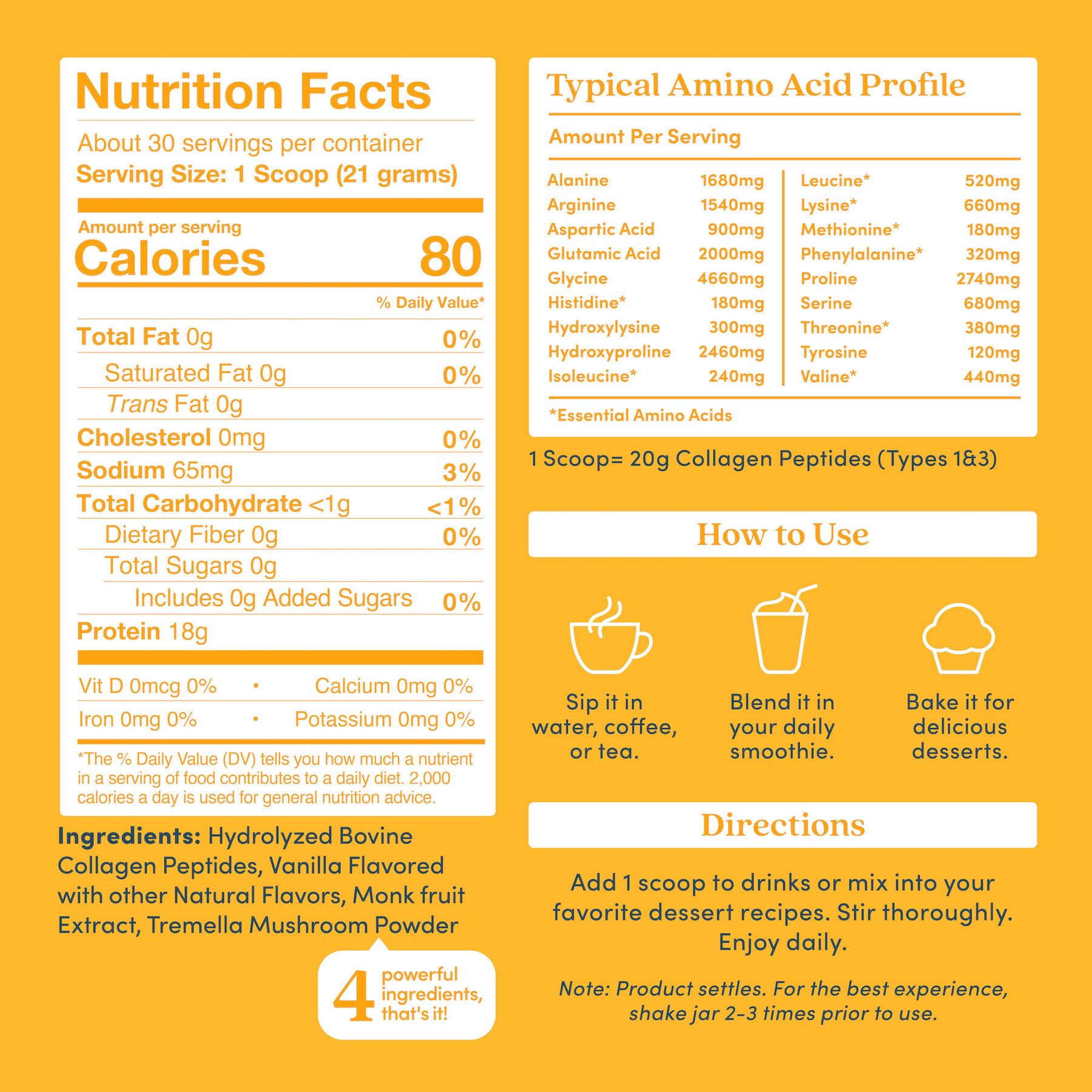 Close-up of product label highlighting 20g collagen per serving
