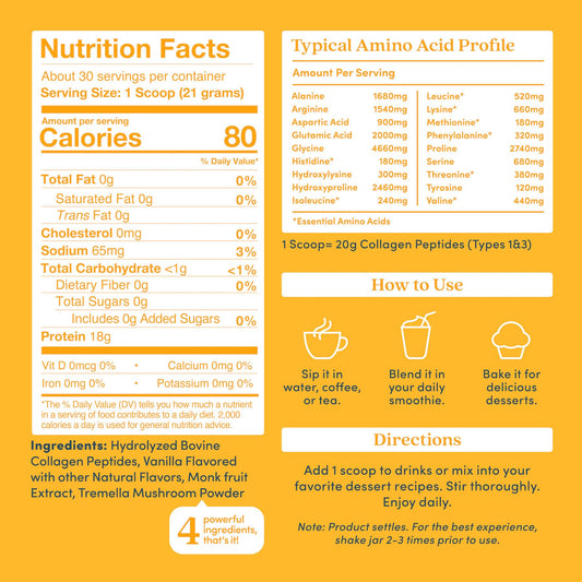 Close-up of product label highlighting 20g collagen per serving