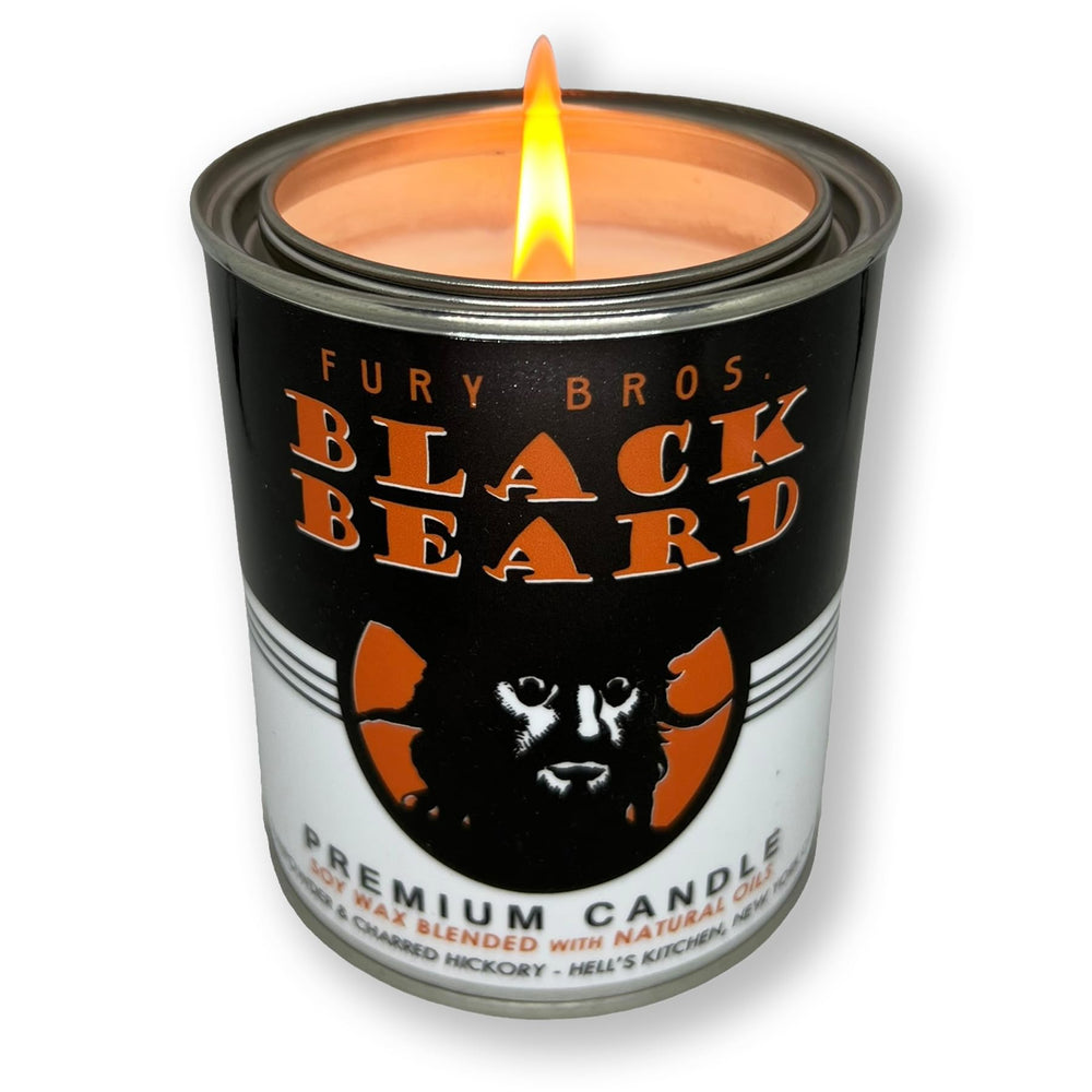 Black Beard candle in a vintage Fury Bros tin (12.5 oz)