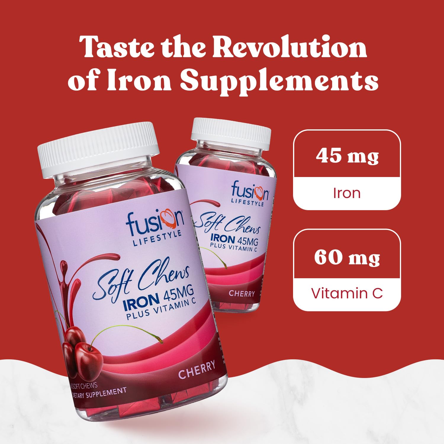 Close-up of cherry-flavored iron chewables bottle