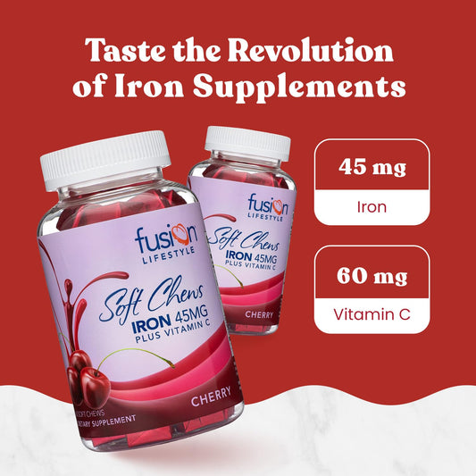 Close-up of cherry-flavored iron chewables bottle