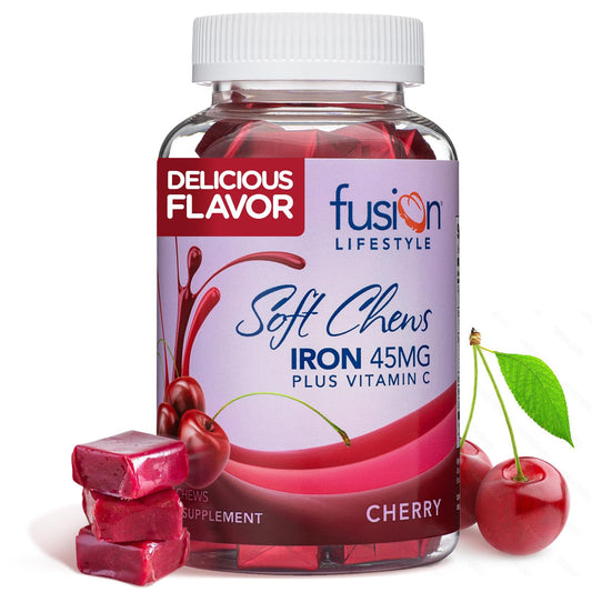Front packaging of Fusion Lifestyle Cherry Flavor Iron Chewables