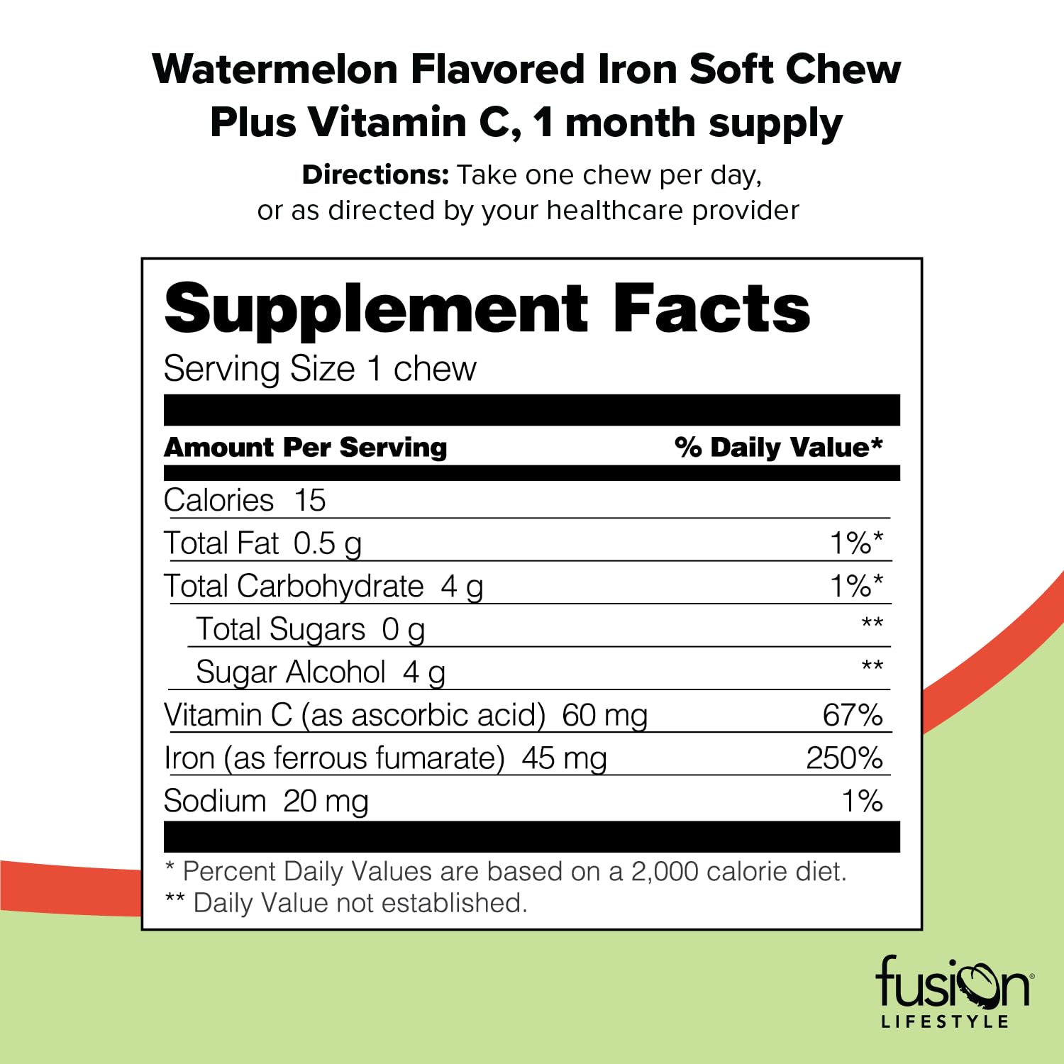 Packaging for Fusion Lifestyle Iron Soft Chews watermelon flavor
