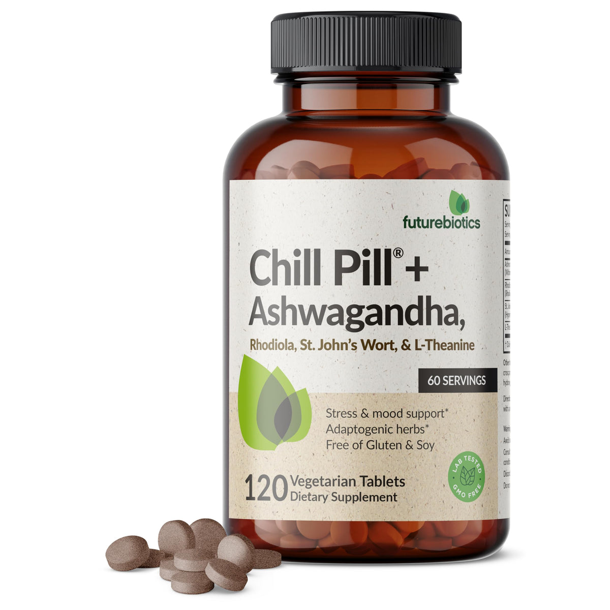 Futurebiotics Chill Pill+ bottle and label with calming formula ingredients