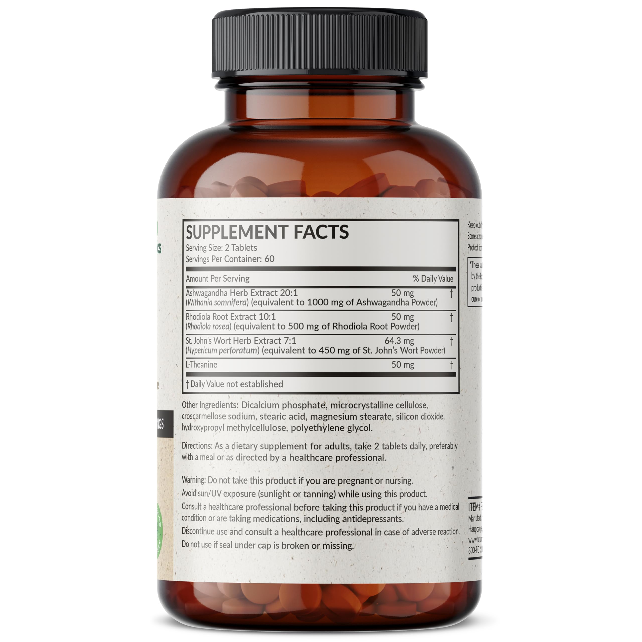 Close-up of Chill Pill+ ingredients list: Ashwagandha, Rhodiola Rosea, St. John's Wort, L-Theanine